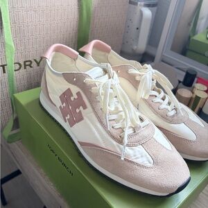 Tory Burch Cream and Blush Suede & Nylon Sneakers 10